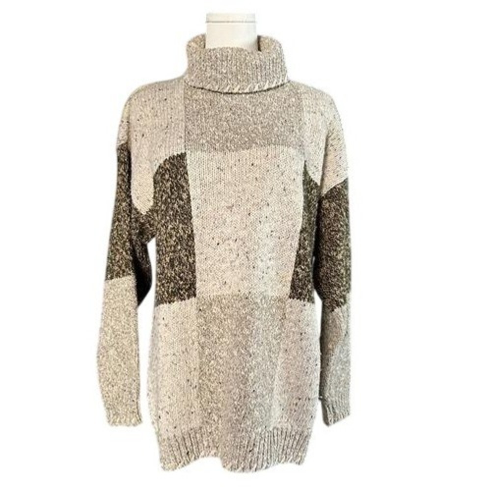 Vintage Colorblock Turtleneck Sweater Small Chunky Knit Tweed Speckled‎